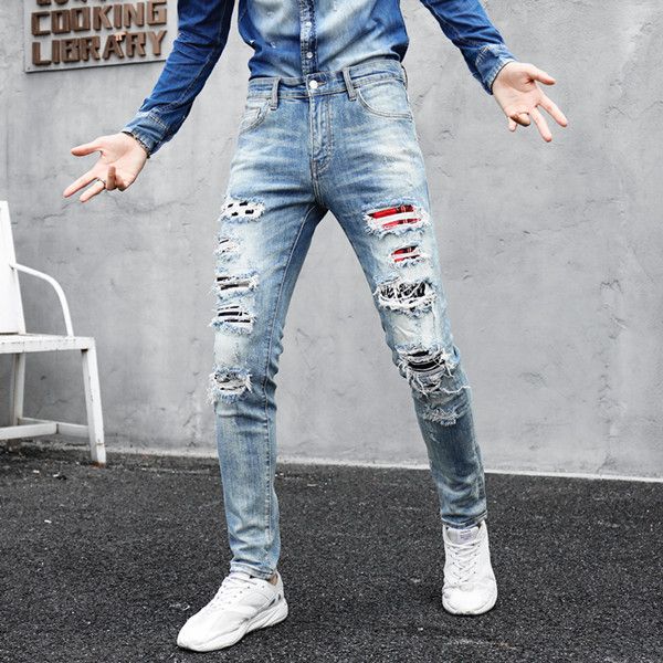 2020 men's fashion designer jeans suitable for men's trendy jeans with slim body riding a motorcycle, Blue
2020 men's fashion designer jeans suitable for men's trendy jeans with slim body riding a motorcycle, Blue