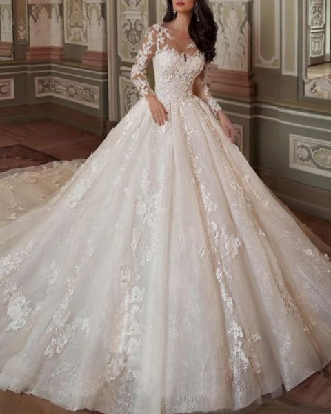 ball gown a-line wedding dresses jewel neck chapel train lace tulle long sleeve vintage see-through backless with embroidery appliques, White
ball gown a-line wedding dresses jewel neck chapel train lace tulle long sleeve vintage see-through backless with embroidery appliques, White