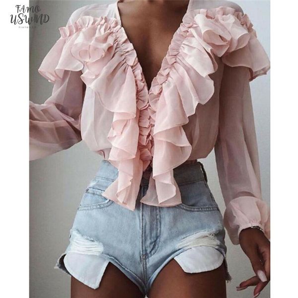 trendy women clothes solid deep v neck ruffle transparent t shirts polyester casual long sleeve loose women one pieces, White
trendy women clothes solid deep v neck ruffle transparent t shirts polyester casual long sleeve loose women one pieces, White