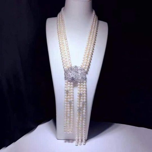 hand knotted 3rows 7-8mm white freshwater pearl micro inlay zircon accessories necklace long 60-65cm, Silver
hand knotted 3rows 7-8mm white freshwater pearl micro inlay zircon accessories necklace long 60-65cm, Silver