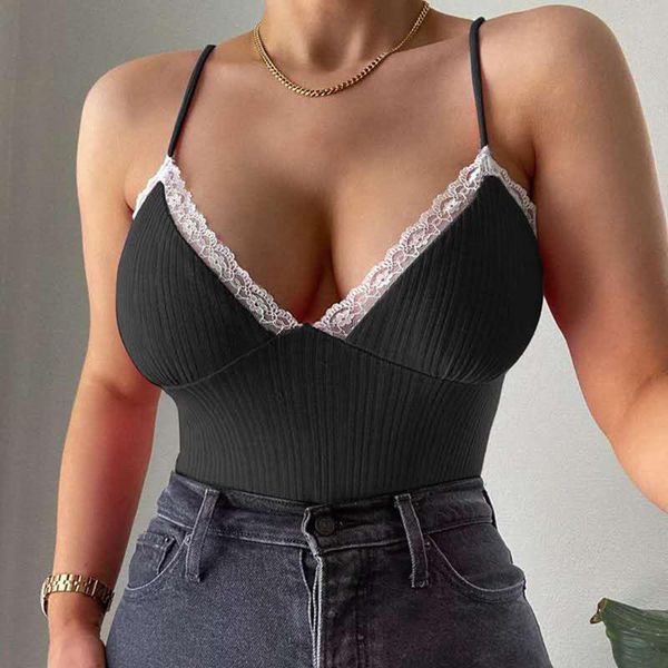 women spaghetti strap v-neck contrast lace sleeveless ribbed knit cami cropped ribbed backless streetwear tank, White
women spaghetti strap v-neck contrast lace sleeveless ribbed knit cami cropped ribbed backless streetwear tank, White