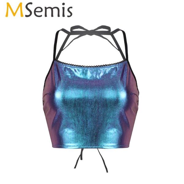 msemis women holographic shiny metallic halter neck backless tie-on camisole vest crop rave festival pole dance clothing, Black;red
msemis women holographic shiny metallic halter neck backless tie-on camisole vest crop rave festival pole dance clothing, Black;red