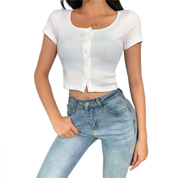 women's t-shirt women summer knitted short-sleeved korean fashion solid color button o-neck single-breasted slim fit exposed navel, White
women's t-shirt women summer knitted short-sleeved korean fashion solid color button o-neck single-breasted slim fit exposed navel, White