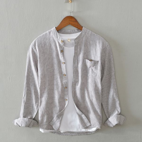 fall 2020 new men's long-sleeved shirt retro striped stand collar fashion shirt comfortable cotton and linen slim dress, White;black
fall 2020 new men's long-sleeved shirt retro striped stand collar fashion shirt comfortable cotton and linen slim dress, White;black