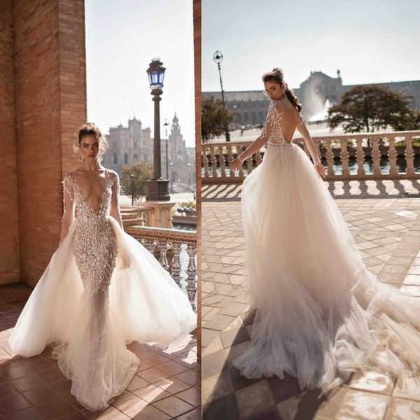 berta mermaid wedding dresses with detachable train deep v neck backless long sleeves wedding dress appliqued lace bridal gowns, White
berta mermaid wedding dresses with detachable train deep v neck backless long sleeves wedding dress appliqued lace bridal gowns, White
