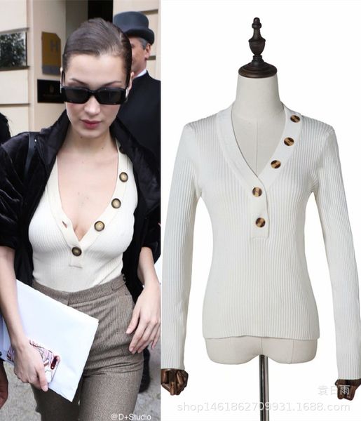 ins 18 autumn and winter new european and american bloggers street style deep v-neck chest button slim long-sleeved sweater sweater sal, White
ins 18 autumn and winter new european and american bloggers street style deep v-neck chest button slim long-sleeved sweater sweater sal, White