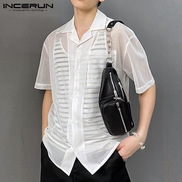 men's casual shirts fashion mesh mens see through blusas short sleeve lapel blouse breathable loose camisa party nightclub 5xl incerun, White;black
men's casual shirts fashion mesh mens see through blusas short sleeve lapel blouse breathable loose camisa party nightclub 5xl incerun, White;black