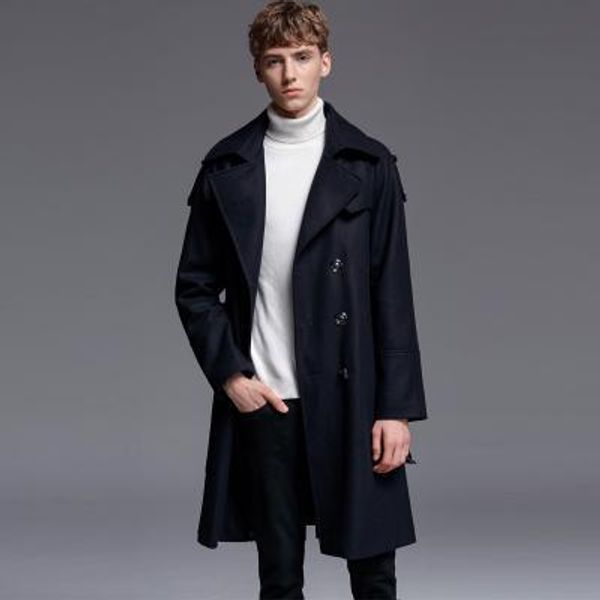 new causal wool coat mens luxury double breasted british style woolen men trench jacket plus size 6xl male business overcoat, Black
