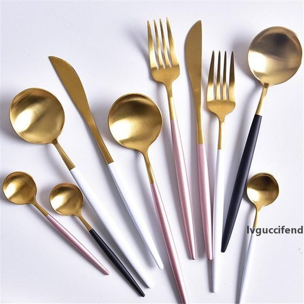 dinnerware set silverware cutlery set ss304 gold fork knife and spoon set with black white pink handle 
dinnerware set silverware cutlery set ss304 gold fork knife and spoon set with black white pink handle