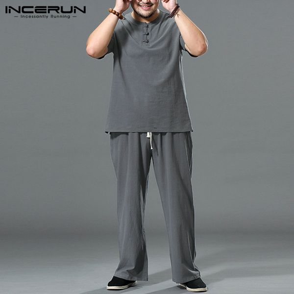 incerun summer mens solid color loose suits men's leisure sets vintage short sleeve round neck cotton t shirt drawstring pants, Gray
incerun summer mens solid color loose suits men's leisure sets vintage short sleeve round neck cotton t shirt drawstring pants, Gray