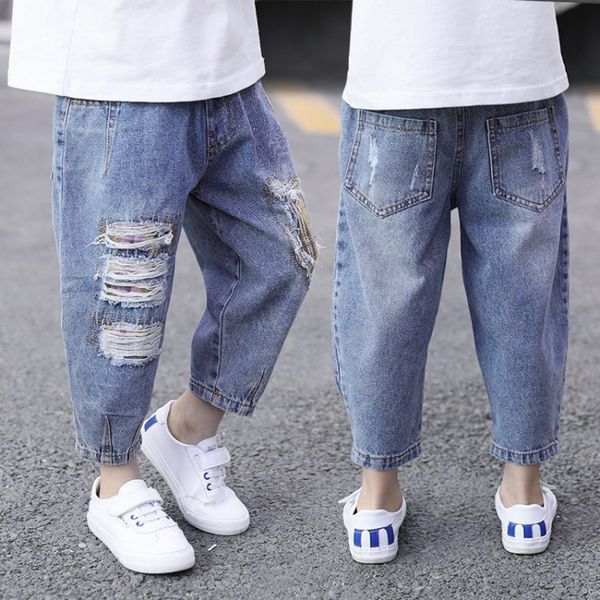 boy's 2020 and jeans trousers and jeans autumn new children's korean style foreign style hole ankle-length pants patch pants, Blue