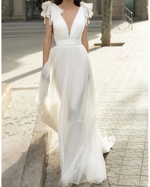 setwell deep v-neck a-line wedding dresses short sleeves backless floor length pleated chiffon bridal gowns, White
setwell deep v-neck a-line wedding dresses short sleeves backless floor length pleated chiffon bridal gowns, White