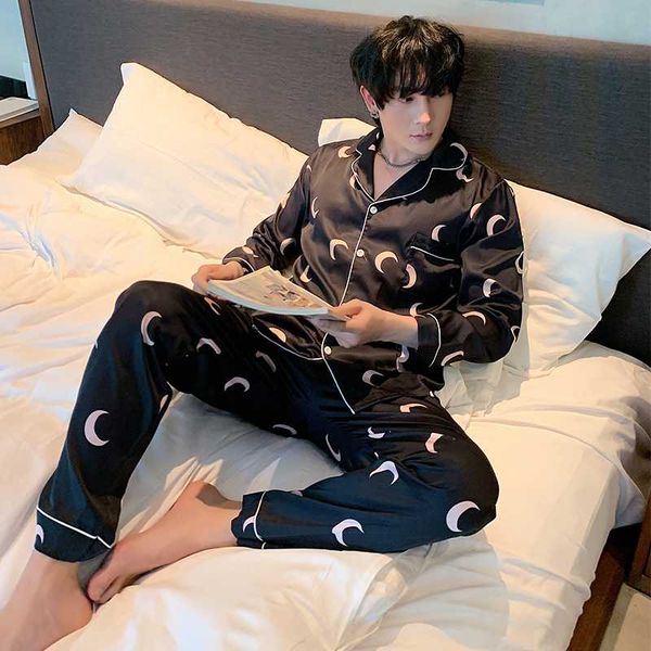 men's sleepwear pajamas set autumn winter elastic waist men silk long sleeve nightwear print + pant homewear, Black;brown
men's sleepwear pajamas set autumn winter elastic waist men silk long sleeve nightwear print + pant homewear, Black;brown
