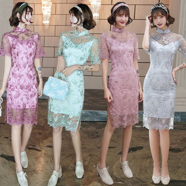 ethnic clothing summer lace qipao chinese traditional dress short sleeve knee length cheongsam dresses, Red
ethnic clothing summer lace qipao chinese traditional dress short sleeve knee length cheongsam dresses, Red