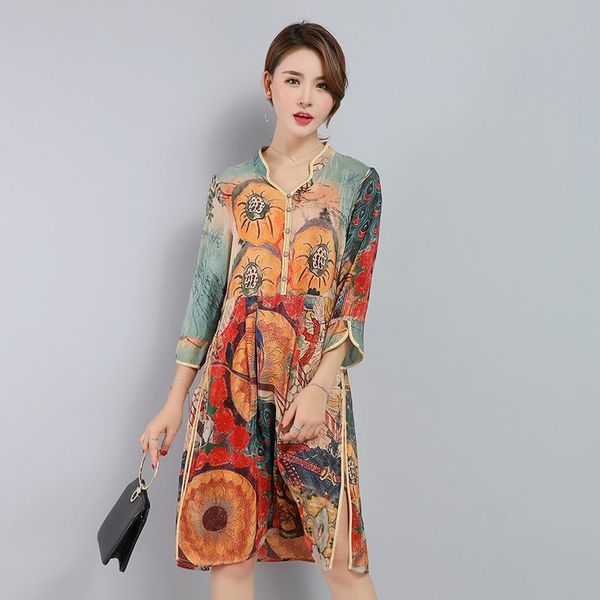 2020 nation wind printing mulberry silk dress will code easy real silk dress, Black;gray