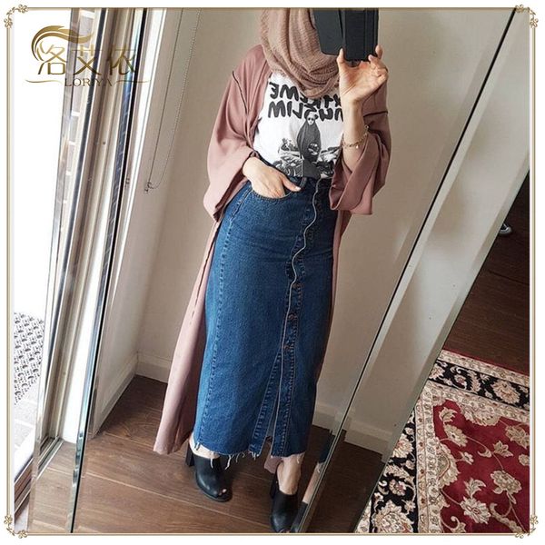 sk9013 muslim fashion ins long denim skirt sk9013 button muslim fashion ins long button denim hip skirthip skirt, Black