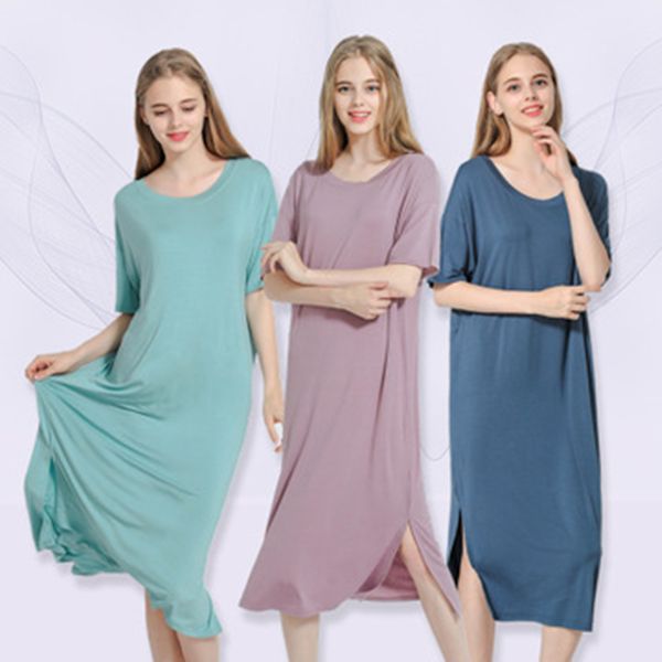 women's nightgown summer modal dress short sleeve soft nightdress plus size long sleepwear casual solid home clothes, Black;red
women's nightgown summer modal dress short sleeve soft nightdress plus size long sleepwear casual solid home clothes, Black;red