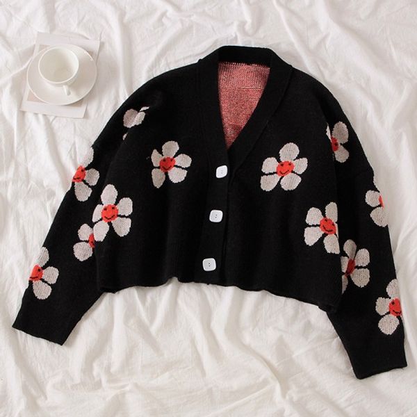 

Women Sweater Preppy Style Flower Knit Cardigans Sweater Women V Neck Loose Long Sleeve Elegaht Thicked Pull Femme Print Short Casual Coat