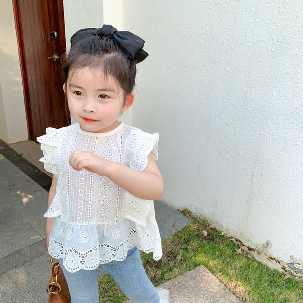 2020 summer monsoon girls lace shirt ' fashionable loose hollow-out embroidery cover with children's short-sleeved lace-edge shirt, White;black