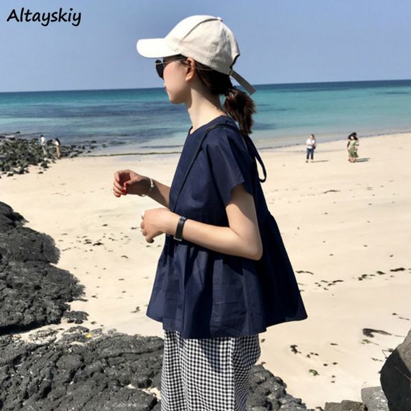women's blouses & shirts women solid summer short sleeve loose pleated sweet korean style student womens simple basic leisure, White
women's blouses & shirts women solid summer short sleeve loose pleated sweet korean style student womens simple basic leisure, White
