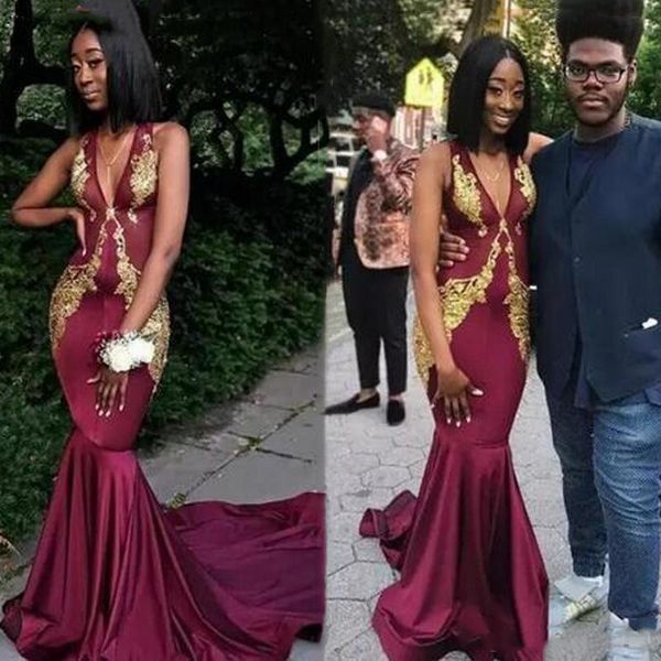 2020 mermaid prom dresses deep v neck sleeveless gold lace appliques african evening gowns formal party wear, Black
2020 mermaid prom dresses deep v neck sleeveless gold lace appliques african evening gowns formal party wear, Black