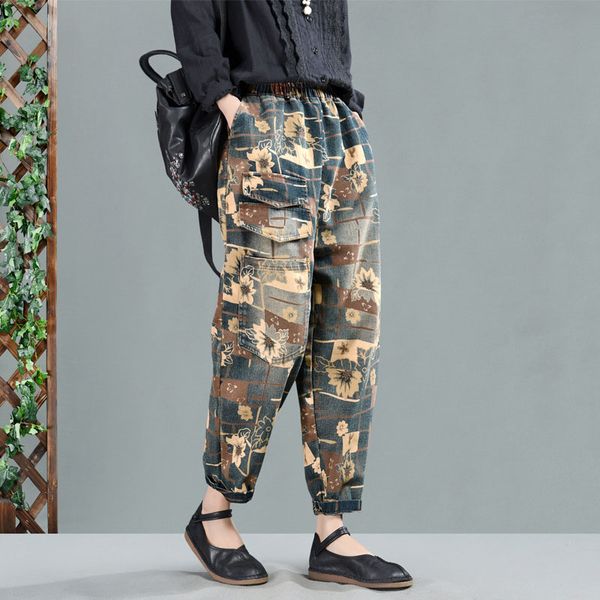 women's jeans qpfjqd woman flowers pattern painted harem elegant denim pants elastic waist ankle-length vintage lady printed trousers, Blue
women's jeans qpfjqd woman flowers pattern painted harem elegant denim pants elastic waist ankle-length vintage lady printed trousers, Blue