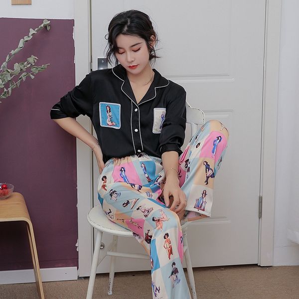 new autumn pajamas women's long-sleeved cardigan silk pajamas printed home clothes set comics home clothes set, Blue;red
new autumn pajamas women's long-sleeved cardigan silk pajamas printed home clothes set comics home clothes set, Blue;red