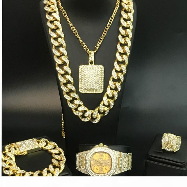 luxury men's watch hip hop men's gold necklace & bracelet & watch ring out cuban jewelry set, Silver 
luxury men's watch hip hop men's gold necklace & bracelet & watch ring out cuban jewelry set, Silver