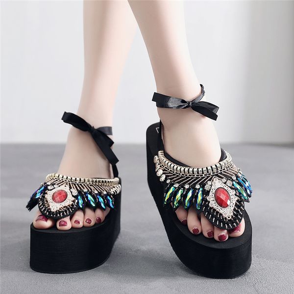 women's summer wear 2020 new thick bottom high heel herringbone slipper water drill ethnic beach holiday pinch sandal, Black
women's summer wear 2020 new thick bottom high heel herringbone slipper water drill ethnic beach holiday pinch sandal, Black