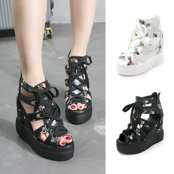 womens ladies hidden wedge platform sandals cut out boots floral lace up shoes, Black
womens ladies hidden wedge platform sandals cut out boots floral lace up shoes, Black