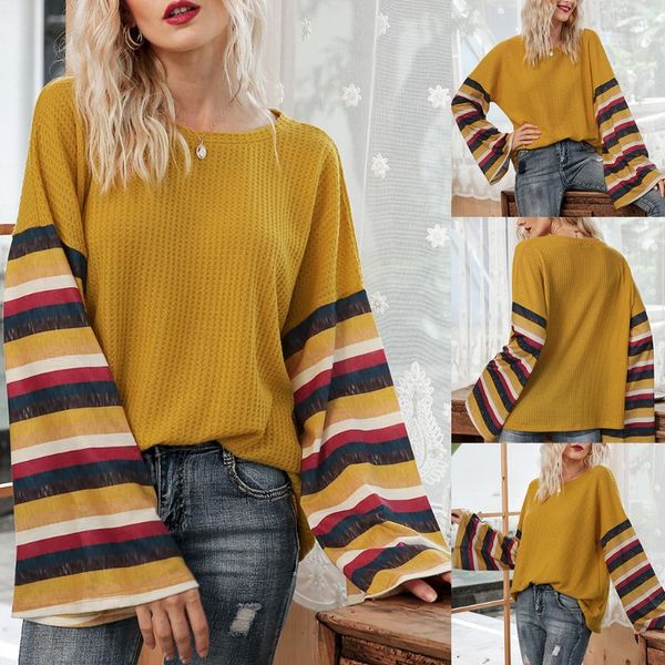 women flare long sleeve waffle knit sweater o-neck striped patchwork loose, White;black
women flare long sleeve waffle knit sweater o-neck striped patchwork loose, White;black