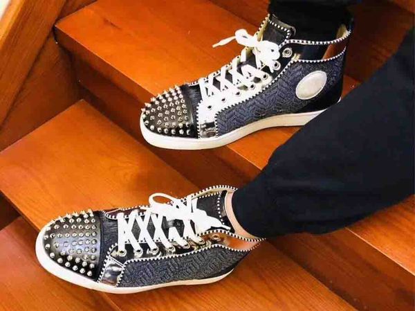 special leather glitter with spikes toe high cut red bottom men's studded sneakers shoes luxey sports rivets casual flats walking dust, Black
special leather glitter with spikes toe high cut red bottom men's studded sneakers shoes luxey sports rivets casual flats walking dust, Black