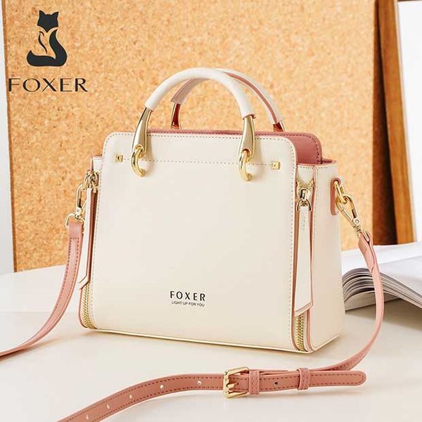 foxer women cowhide leather handbag commute messenger bag elegant stylish ladies shoulder bag female casual totes