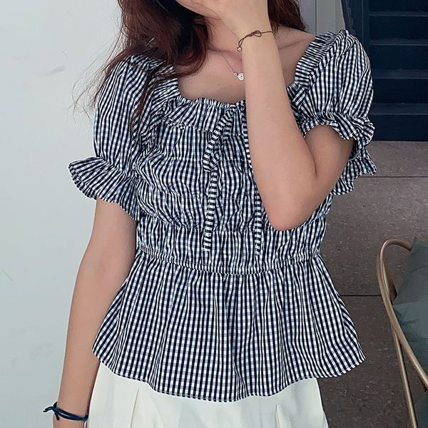 plaid bubble sleeve women's summer 2020 new design sense niche short sleeve v-neck shirt french shirt super fairy, White 
plaid bubble sleeve women's summer 2020 new design sense niche short sleeve v-neck shirt french shirt super fairy, White