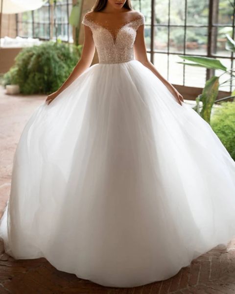 a-line wedding dresses off shoulder court train tulle short sleeve plus size with beading, White
a-line wedding dresses off shoulder court train tulle short sleeve plus size with beading, White