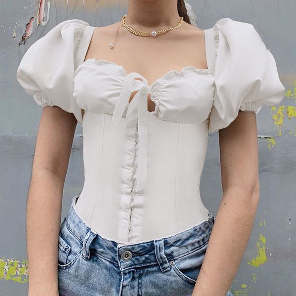 women's blouses & shirts women solid pleated square neck short chiffon puff slevee streetwear, White
women's blouses & shirts women solid pleated square neck short chiffon puff slevee streetwear, White
