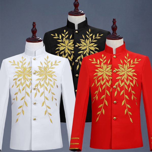 men's suits & blazers men balck white red embroidery stage costumes singer wedding suit jacket blazer coat jaqueta masculino slim fit d, White;black 
men's suits & blazers men balck white red embroidery stage costumes singer wedding suit jacket blazer coat jaqueta masculino slim fit d, White;black