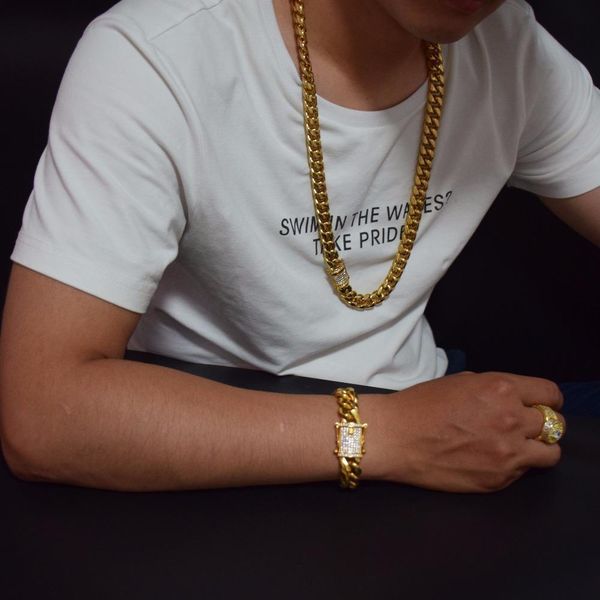 12mm 14mm mens cuban miami link necklace chains stainless steel cz clasp iced out gold hip hop chain necklace and bracelets hiphop jewelry, Silver
12mm 14mm mens cuban miami link necklace chains stainless steel cz clasp iced out gold hip hop chain necklace and bracelets hiphop jewelry, Silver