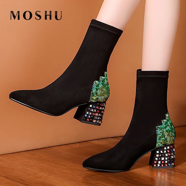 boots 2021 women mid-tube stretch rhinestone fashion winter thick with pointed toe shoes, Black