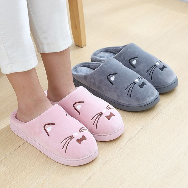 winter slippers women cute cat flat plush slippers big size women shoes cotton cartton men home t110, Black