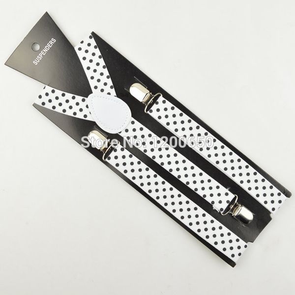 women/men braces elastic polka dot slim white suspender 1 inch wide mix y- back suspenders wholesale, Black;white 
women/men braces elastic polka dot slim white suspender 1 inch wide mix y- back suspenders wholesale, Black;white