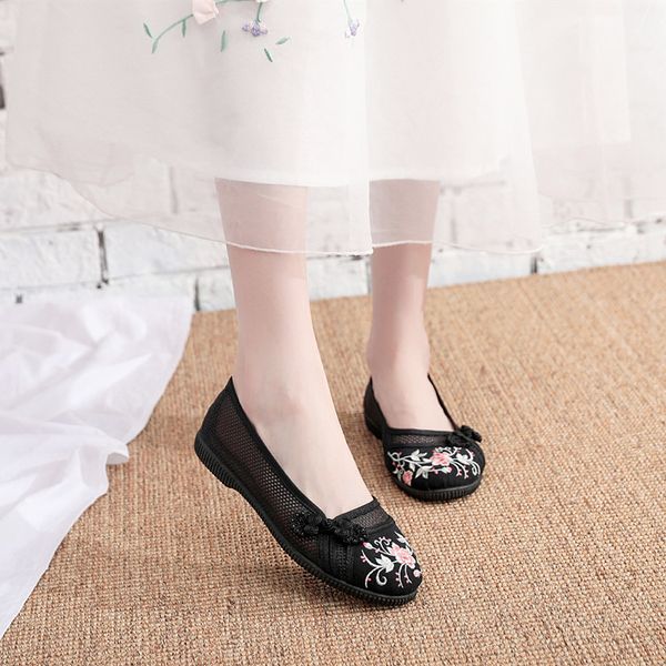 national style embroidered shoes elegant soft mesh flat bottom women shoes chinese clothing shoe, Black