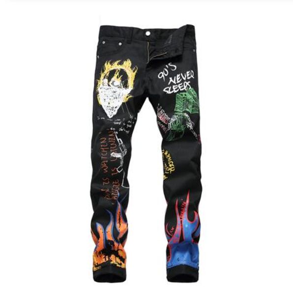 men's black fashion letters flame printed jeans slim straight colored painted stretch pants, Blue
men's black fashion letters flame printed jeans slim straight colored painted stretch pants, Blue