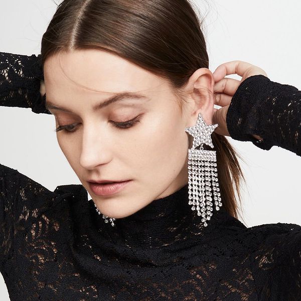 exaggerated alloy rhinestone diamond five-pointed star tassel earrings female temperament super flash dinner eye-absorbing earring, Golden
exaggerated alloy rhinestone diamond five-pointed star tassel earrings female temperament super flash dinner eye-absorbing earring, Golden