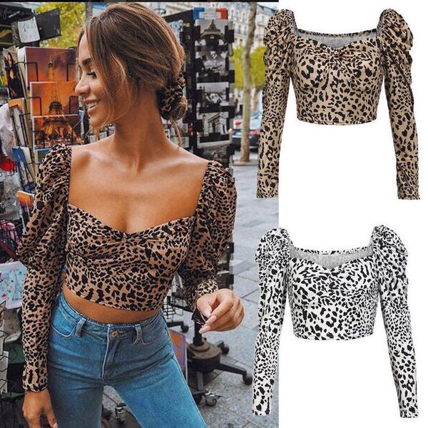 women sweetheart neck leopard print long puff sleeve crop blouses party club ladies summer casual female clothes hot, White
women sweetheart neck leopard print long puff sleeve crop blouses party club ladies summer casual female clothes hot, White