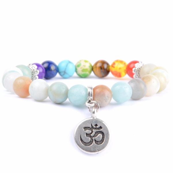 fashion 7 chakra bracelet men natural stone amazonite bead om charm bracelets & bangles for women yoga buddha jewelry dropship, Golden;silver