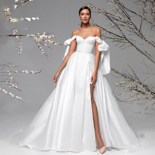 2021 fashion wedding dresses off shoulder high split appliques lace bridal gowns custom made sweep train plus size a-line wedding dress, White
2021 fashion wedding dresses off shoulder high split appliques lace bridal gowns custom made sweep train plus size a-line wedding dress, White