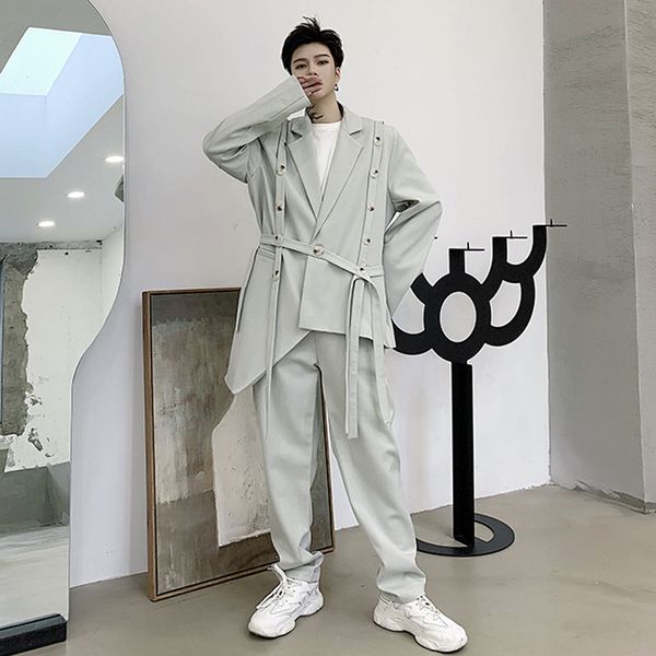 men 2 pieces sets asymmetric design ribbon casual suit jacket pant male women fashion show blazer coat trousers stage clothes, White;black
men 2 pieces sets asymmetric design ribbon casual suit jacket pant male women fashion show blazer coat trousers stage clothes, White;black