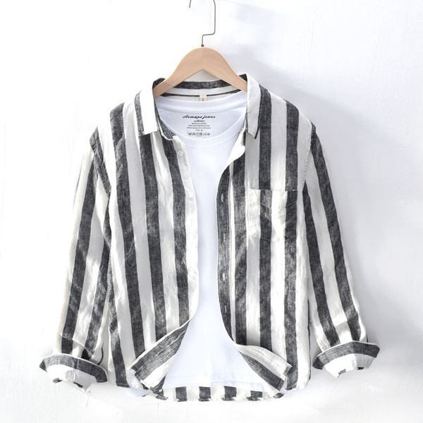 spring autumn fashion long sleeve striped shirts with pockets for men business casual japan minimalist linen, White;black
spring autumn fashion long sleeve striped shirts with pockets for men business casual japan minimalist linen, White;black
