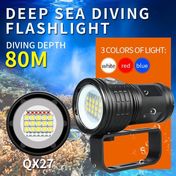 Diving 500m Pgraphy Video Light Powerful Led Scuba Underwater Led Dive Torch Waterproof White Blue Red 18650 Lamp
